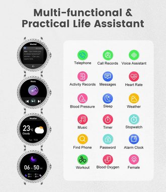Lige Smartwatch (1,32 Zoll, Android, iOS), Damen mit Telefonfunktion Pulsmesser Schlafmonitor, Schrittzähler Mode