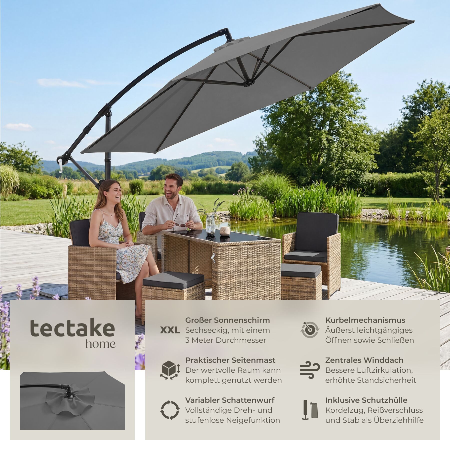 tectake Ampelschirm Sonnenschirm mit Doppeldach, inkl. Schutzhülle, 3 x 3 m, Balkonschirm Artemis, für Außen in Grau, 360° drehbar, wasserabweisend, neigbar, Kurbelmechanismus
