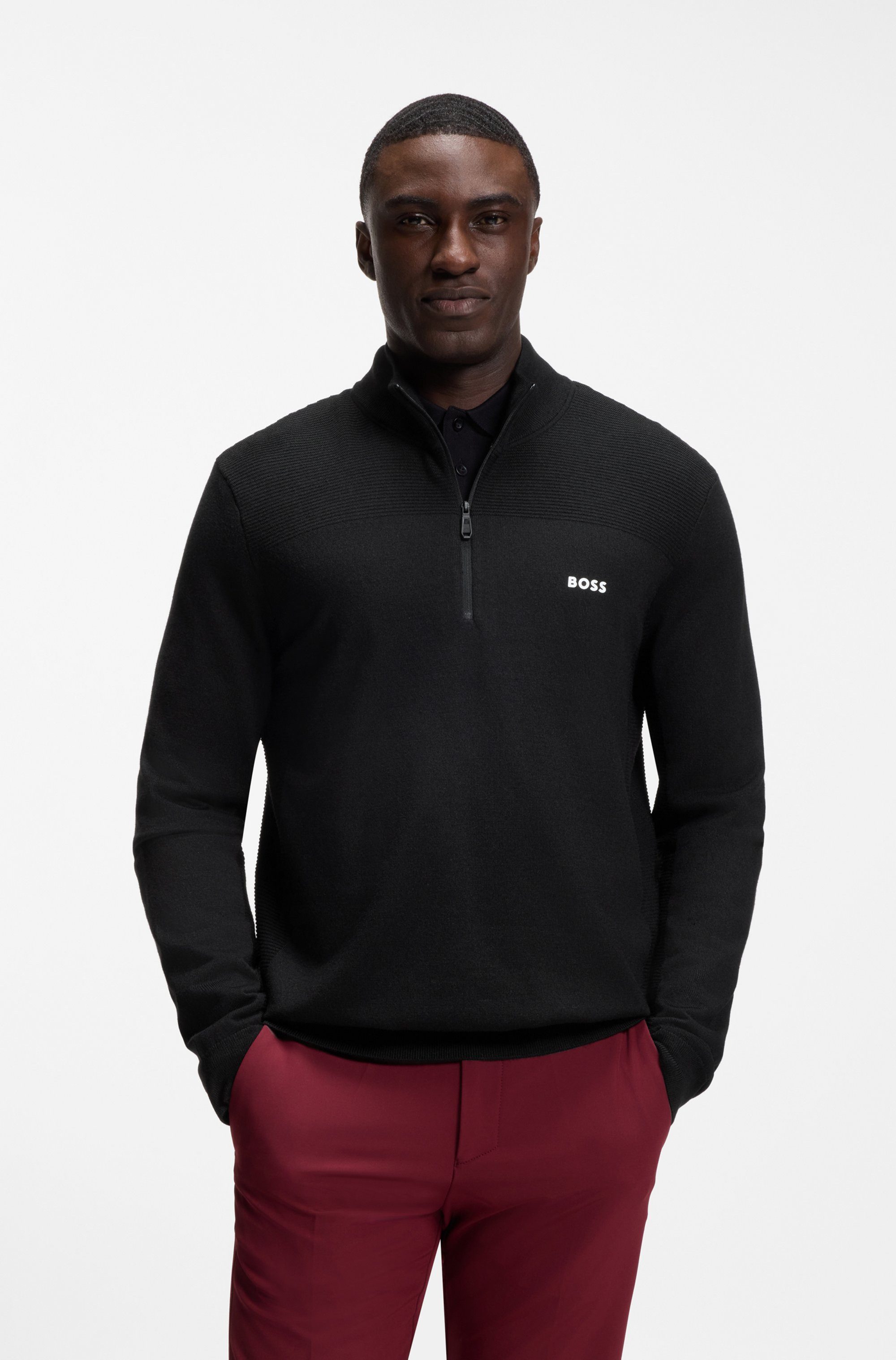 BOSS GREEN Strickpullover Stehkragen mit Reißverschluss, Regular Fit