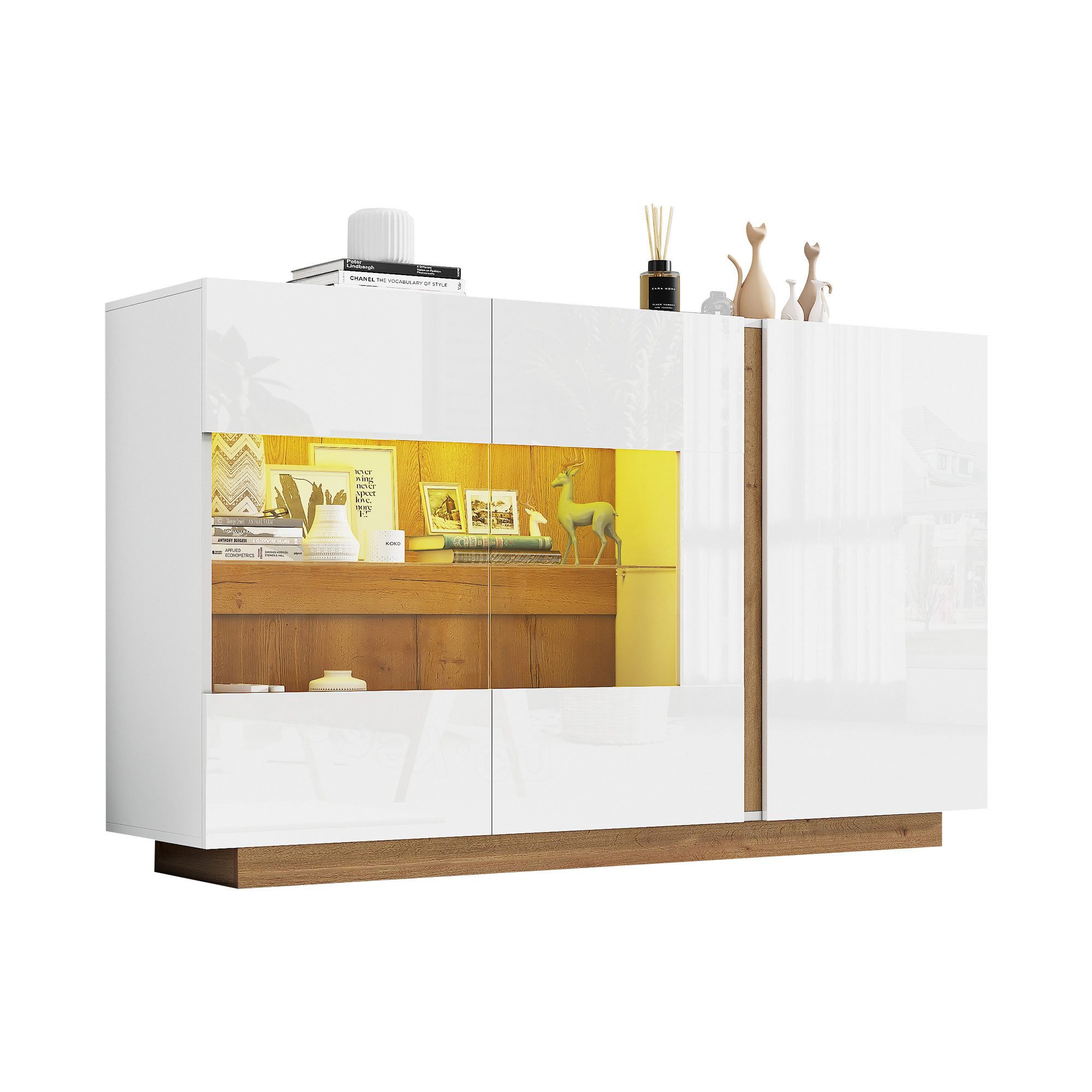 HAUSS SPOLE Sideboard Hochglanz Kommode, Spanplatte mit Glas, Holzsockel, Flurschrank weiß (Kommode, Anrichte, Wohnzimmerschrank, Aufbewahrungsschrank, Buffetschrank, Holzanrichte, 1 St., 2 Türen), mit glatte Oberfläche