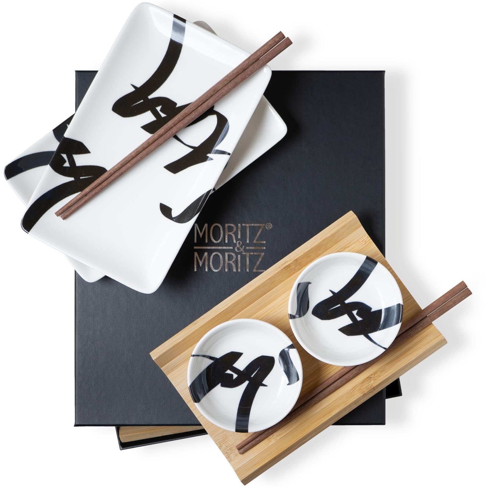 Moritz & Moritz Tafelservice Sushi Set 10tlg Pinselschrift Schwarz (8-tlg), 2 Personen, Porzellan, Geschirrset für 2 Personen