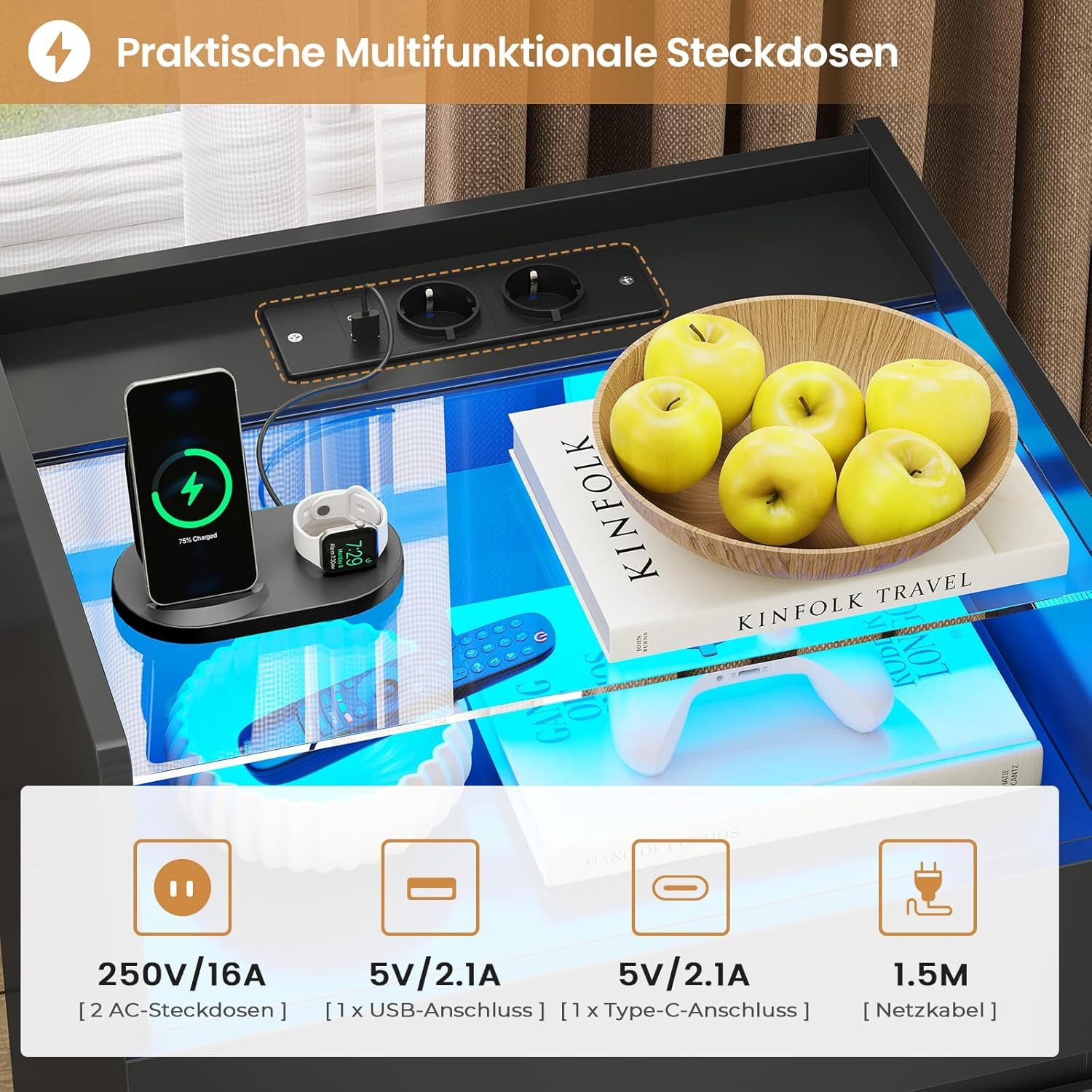 MSMASK Nachttisch mit LED-Beleuchtung und Steckdosen, 3 Schubladen, 45x35x61cm (2-St), Nachtschrank mit Sichtbarer Glastischplatte – Bild 4 von 5