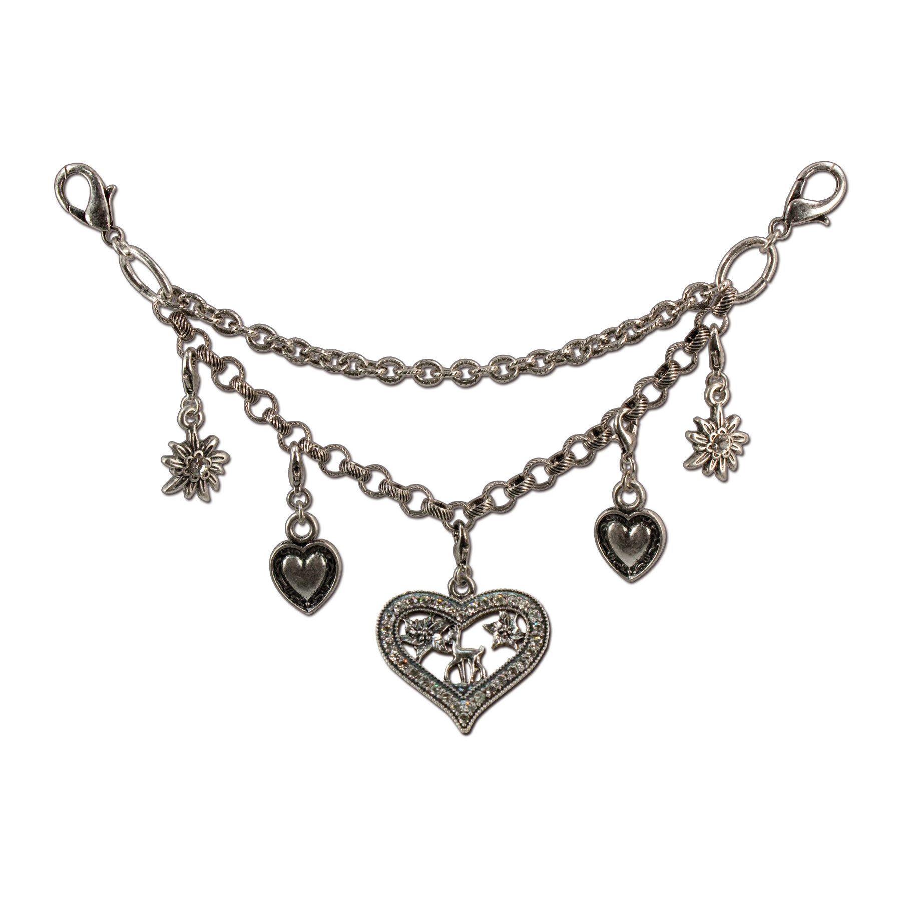 Alpenflüstern Kette mit Anhänger Dirndl-Charivari Strass-Herz (antik-silber-farben), - Hochwertiger Damen-Trachtenschmuck mit Trachtenherz und Strass-Edelw