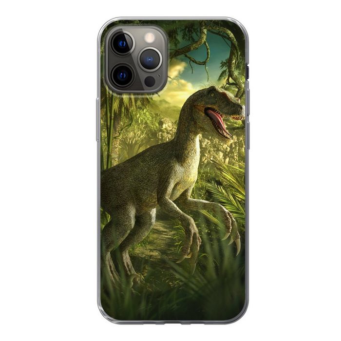 MuchoWow Handyhülle Dinosaurier - Pflanzen - Grün - Illustration - Kinder - Jungen Handyhülle Apple iPhone 12 Pro Smartphone-Bumper Print Handy
