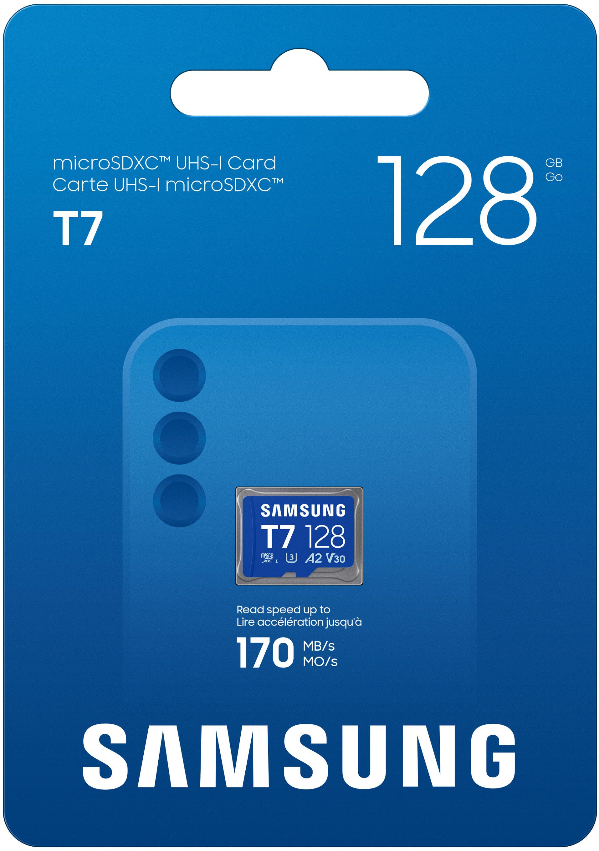 Samsung T7 Speicherkarte (128 GB, Video Speed Class 30 (V30), 170 MB/s Lesegeschwindigkeit)