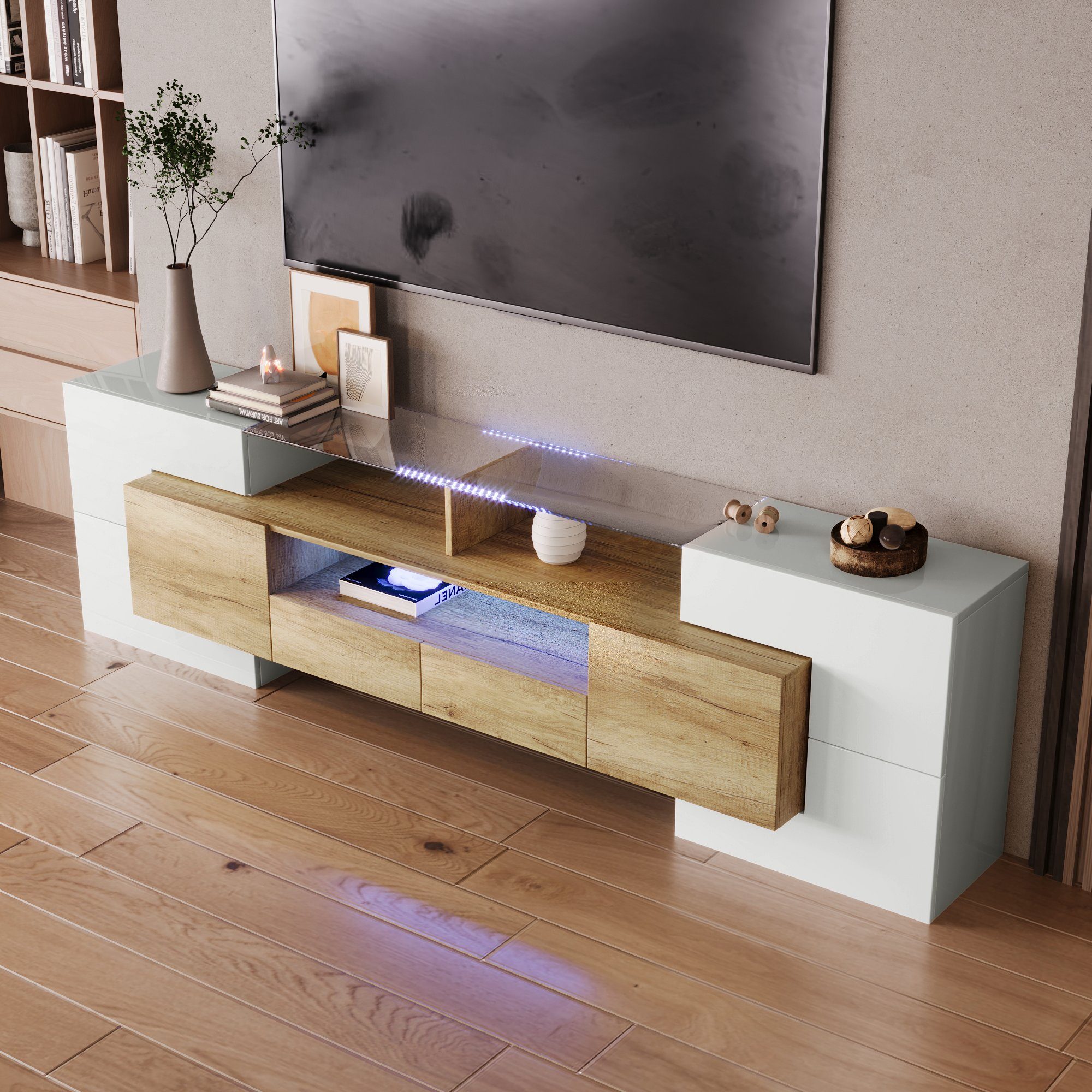 Lowboard 200 LED-Beleuchtung, TV cm) Design (1-St., TV-Schrank Wohnzimmermöbel. OKWISH modernes Weiß, Schrank Weiß+Natur