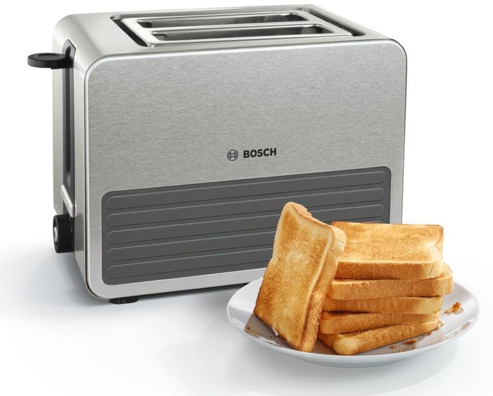 BOSCH Toaster TAT7S25, integrierter Edelstahl-Brötchenaufsatz, mit Abschaltautomatik, 2 kurze Schlitze, für 2 Scheiben, 1050 W, Auftaufunktion, ideal für 2 Scheiben Toast, Schwarz/Grau