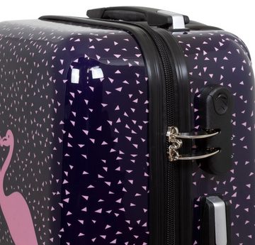 Trendyshop365 Hartschalen-Trolley Flamingo, bunter Koffer mit Motiv, 3 Größen, 4 Rollen, Zahlenschloss, Polycarbonat, Dehnfalte