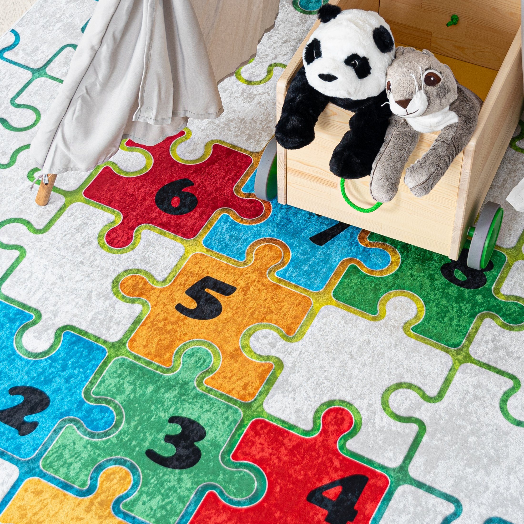 Mazovia Kinderteppich Kinderteppich Kinderzimmerteppich Puzzle, 80 x 150 cm, Kurflor, Waschbar in Waschmaschine, Höhe 5 mm, Rutschfest