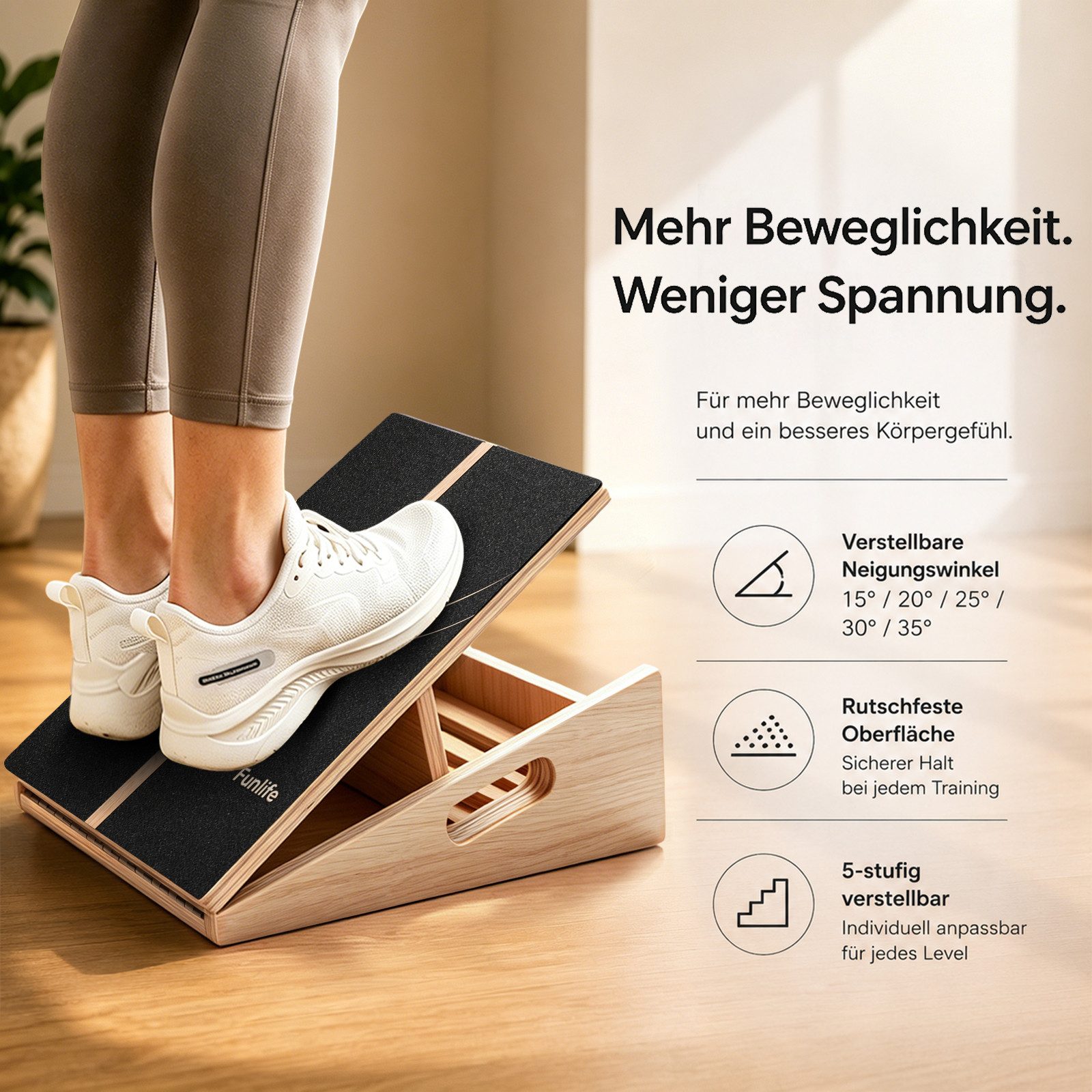 FunLife Balanceboard Slant Board BERG & FLOW Design-Edition, 5 Neigungswinkel, aus Mehrschichtholz, rutschfest, bis 150 kg
