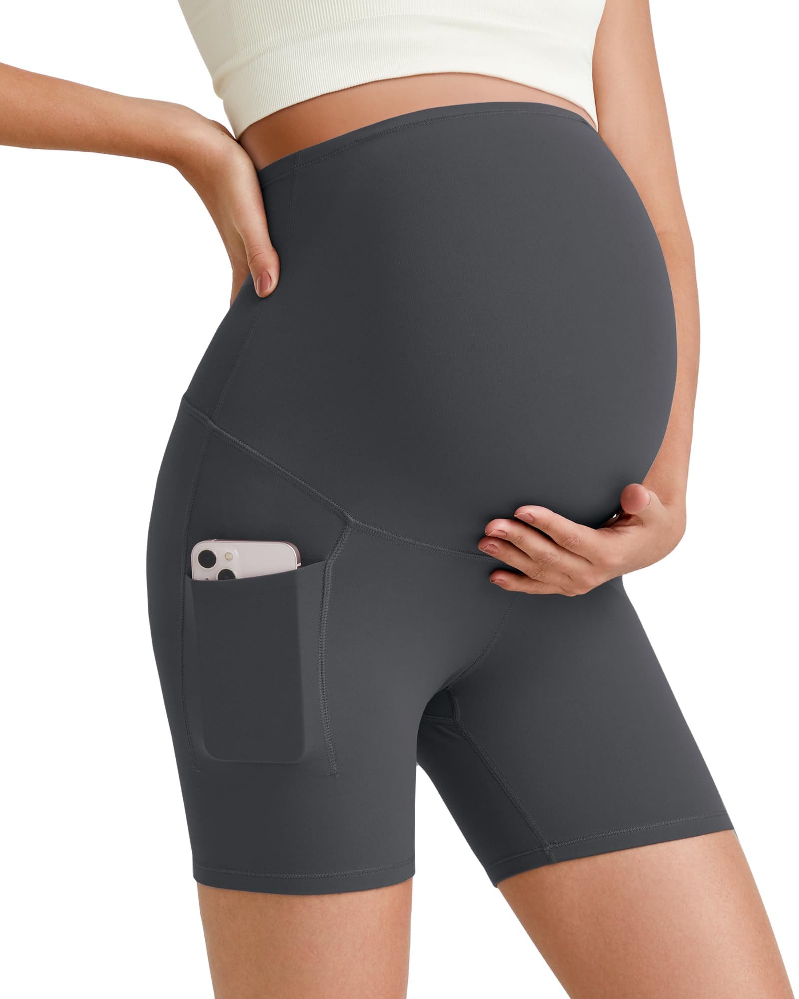 G4Free Umstandshose Damen Umstandsshorts Umstandsleggings Schwangerschafts Yogahose Barefeel 12,7 cm Umstands Bikershorts Jogginghosen Taschen