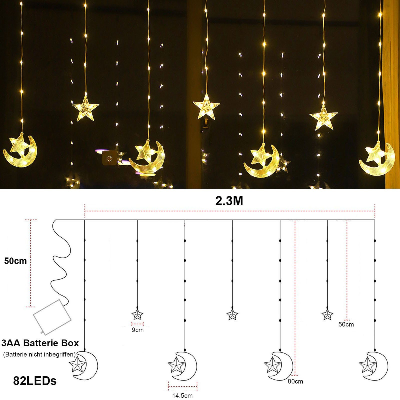 Warmweiß Stern, Schlafzimmer 2.3M, mit Ramadan Rosnek für Mond LED-Lichtervorhang batterie, Zelt Party Camping Weihnachten,