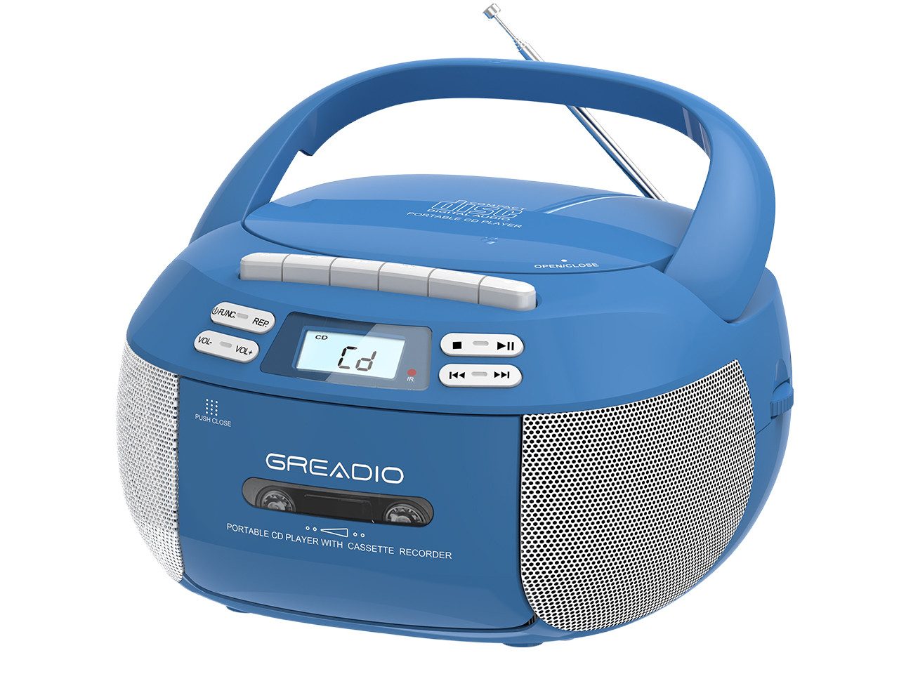 Greadio X2A Tragbarer CD-Player Kassettenrekorder mit Bluetooth FM Radio, blau tragbarer CD-Player (Bluetooth)