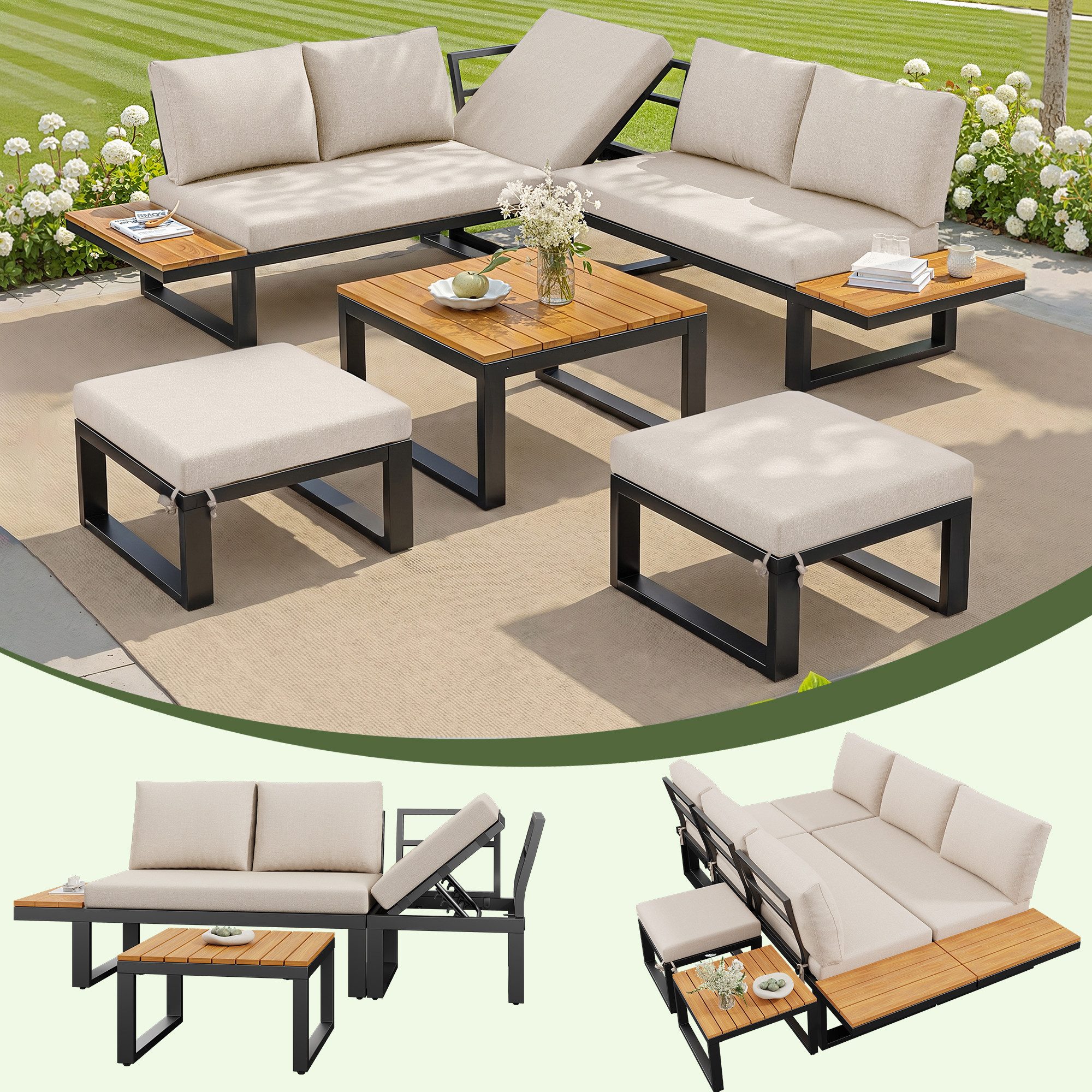 MC Star Gartenlounge-Set 6-teiliges Gartenlounge-Set mit verstellbarer Rückenlehne, Ecksofa, (mit Couchtisch & Hockern, wetterfestes Stahlgestell, Sitzkissen in Grau/Beige, Outdoor Lounge für Balkon & Terrasse)