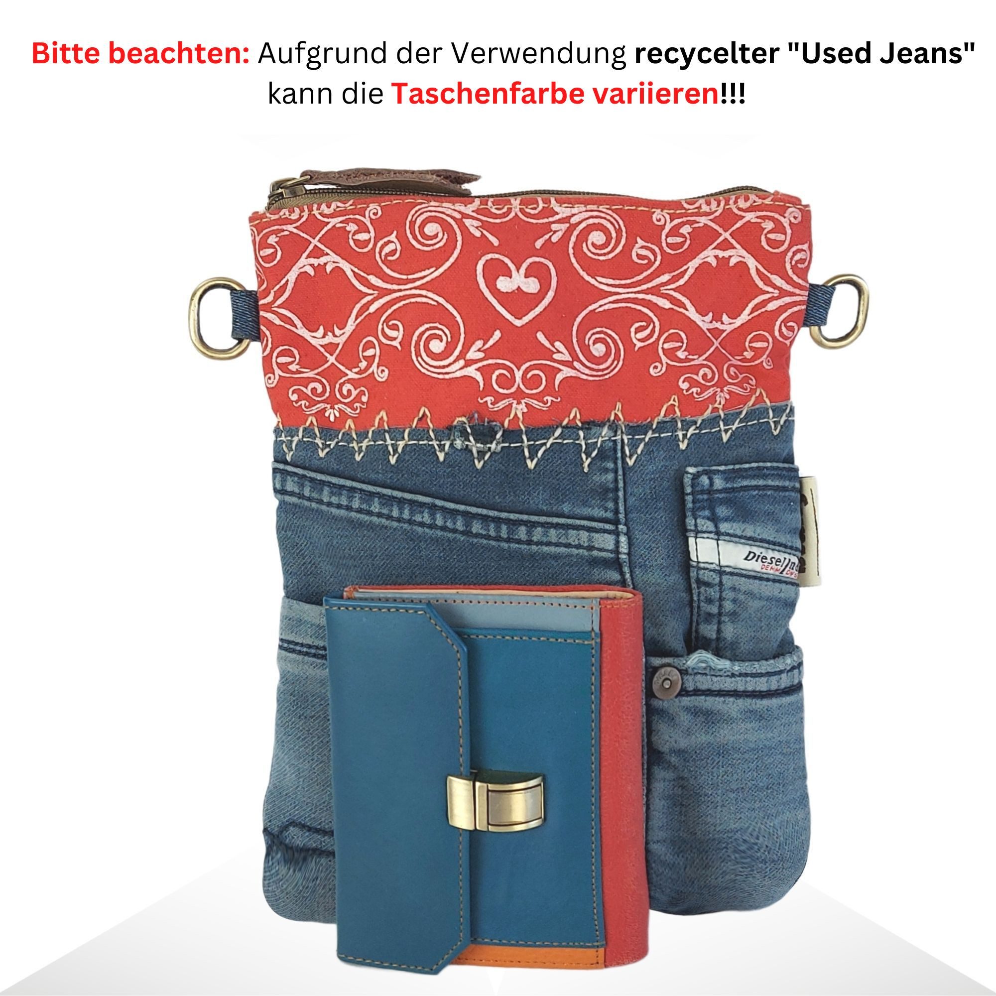 Sunsa Umhängetasche Damen nachhaltige Umhängetasche, Kleine rot/blau Crossbody Bag, erhält recycelte Material, Used Jeans Hose