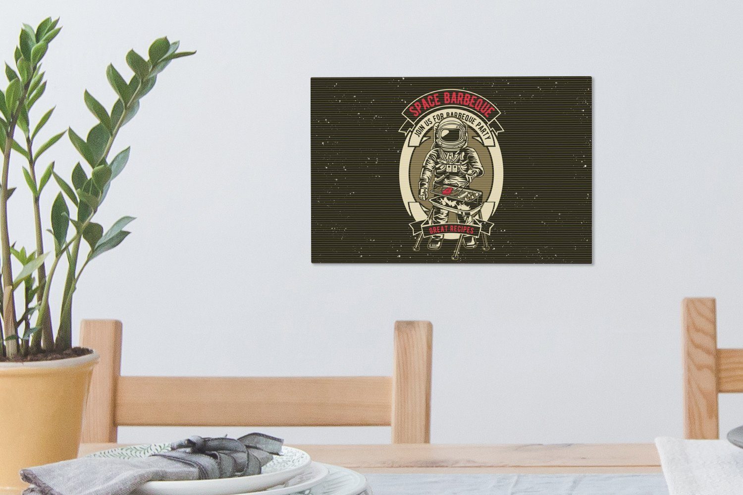 OneMillionCanvasses® Leinwandbild Jahrgang - cm Wanddeko, Aufhängefertig, St), (1 30x20 - Astronaut BBQ, Wandbild Leinwandbilder