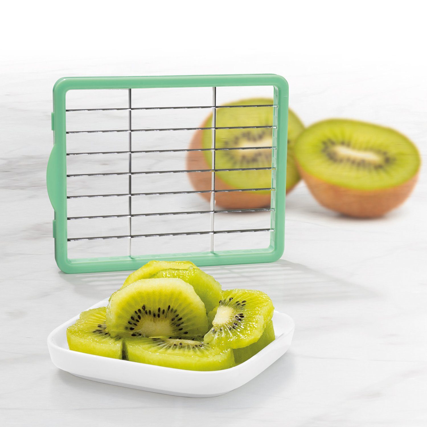 Genius Gemüseschneider Nicer Dicer Chef Messereinsätze 6x6 + 6x30 + 12x48 mm + Tomateneinsatz, zahlreiche Schneidoptionen: Würfel, Stifte, Scheiben, Streifen – Bild 3 von 5