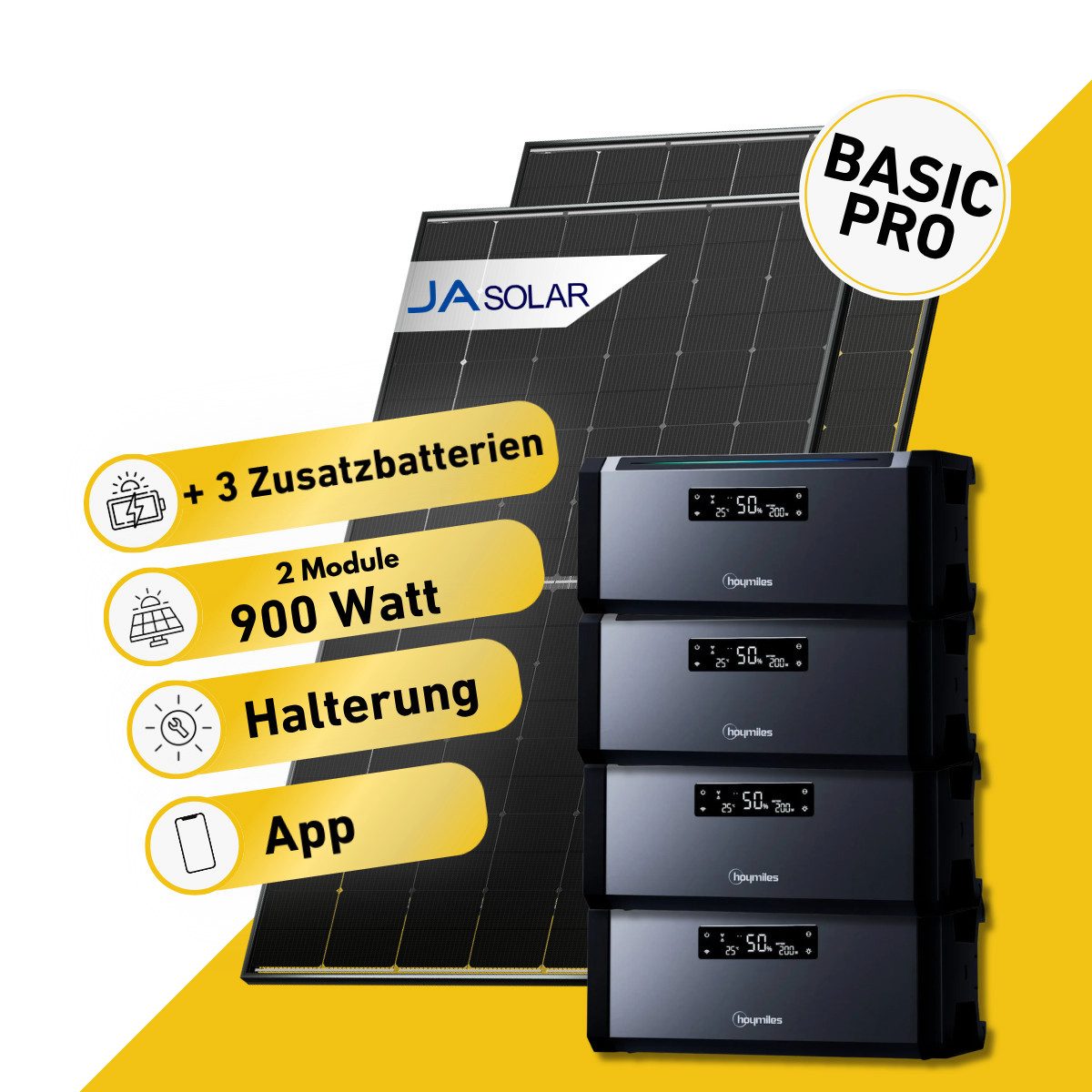 Balkonstrom Balkonkraftwerk Basic Pro 900W Solaranlage mit Speicher Komplettset Bifazial, 900 W, Monokristallin, (2x JA Solarmodul á 450 Watt, 1x Hoymiles HiBattery 1920 AC, 1-4 Zusatzspeicher Hoymiles HiBattery), Halterung für Dach, Fassade, Balkon & Garten, App & Plug&Play DE