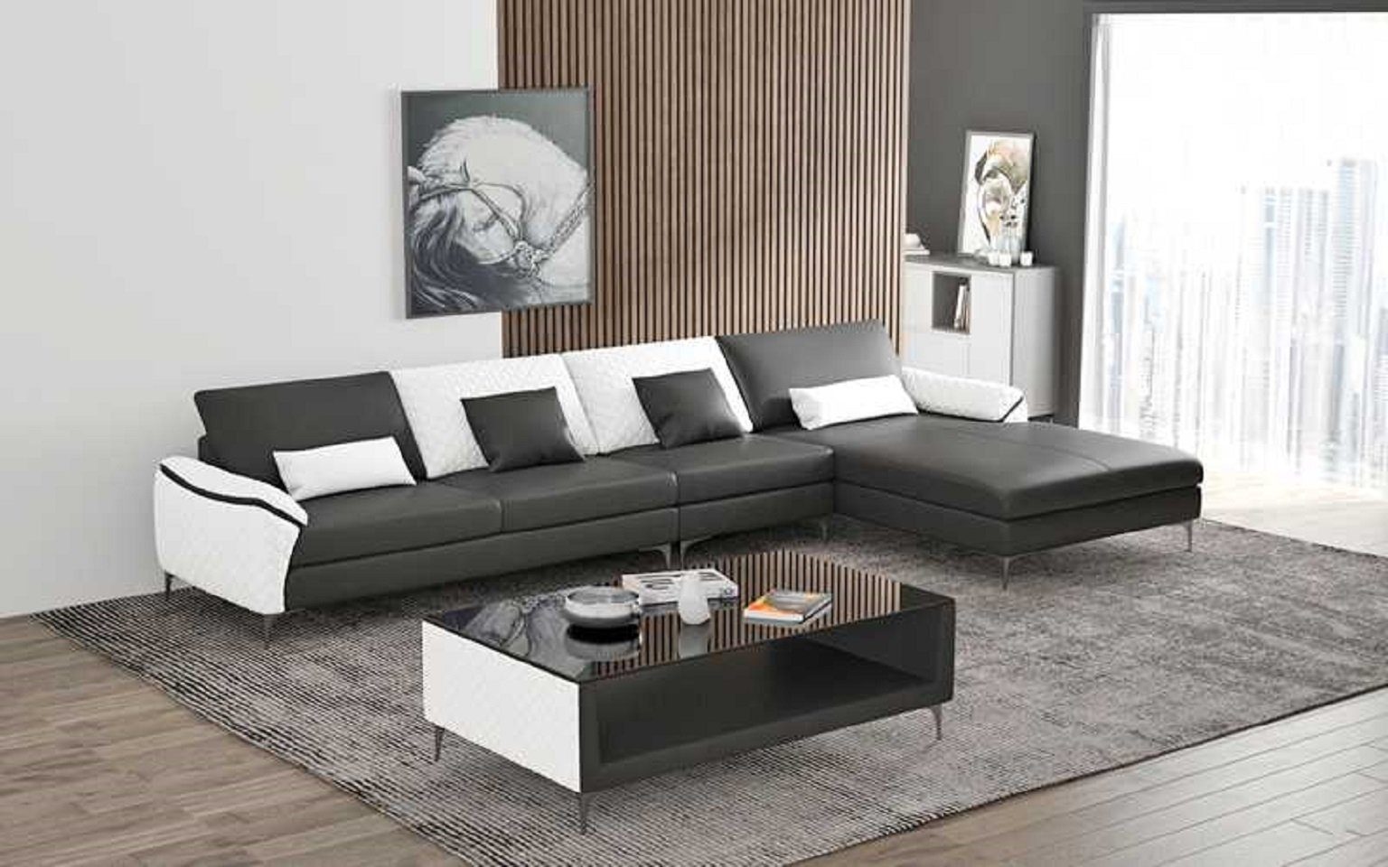 Form Couch Teile, Made Schwarz Ecksofa Sofa L Wohnzimmer, Europe 3 in Ecksofa Luxus JVmoebel Eckgarnitur Liege