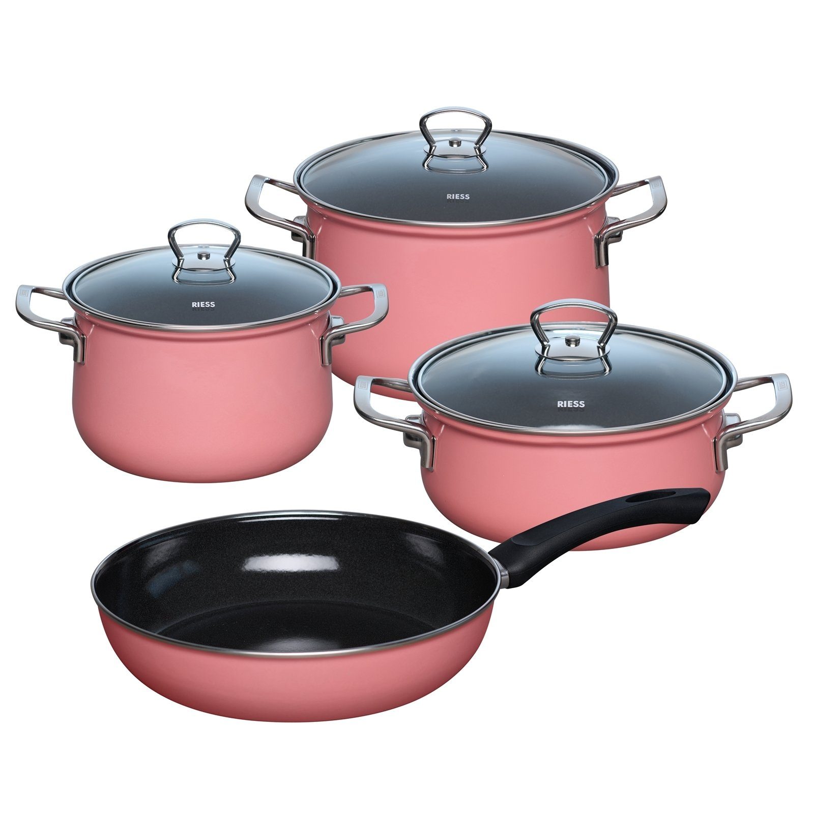 Riess Topf-Set Kochtopf Set 4-teilig Starterset Pink, Emaille (Set, 4-tlg), Bratpfanne Kasserolle