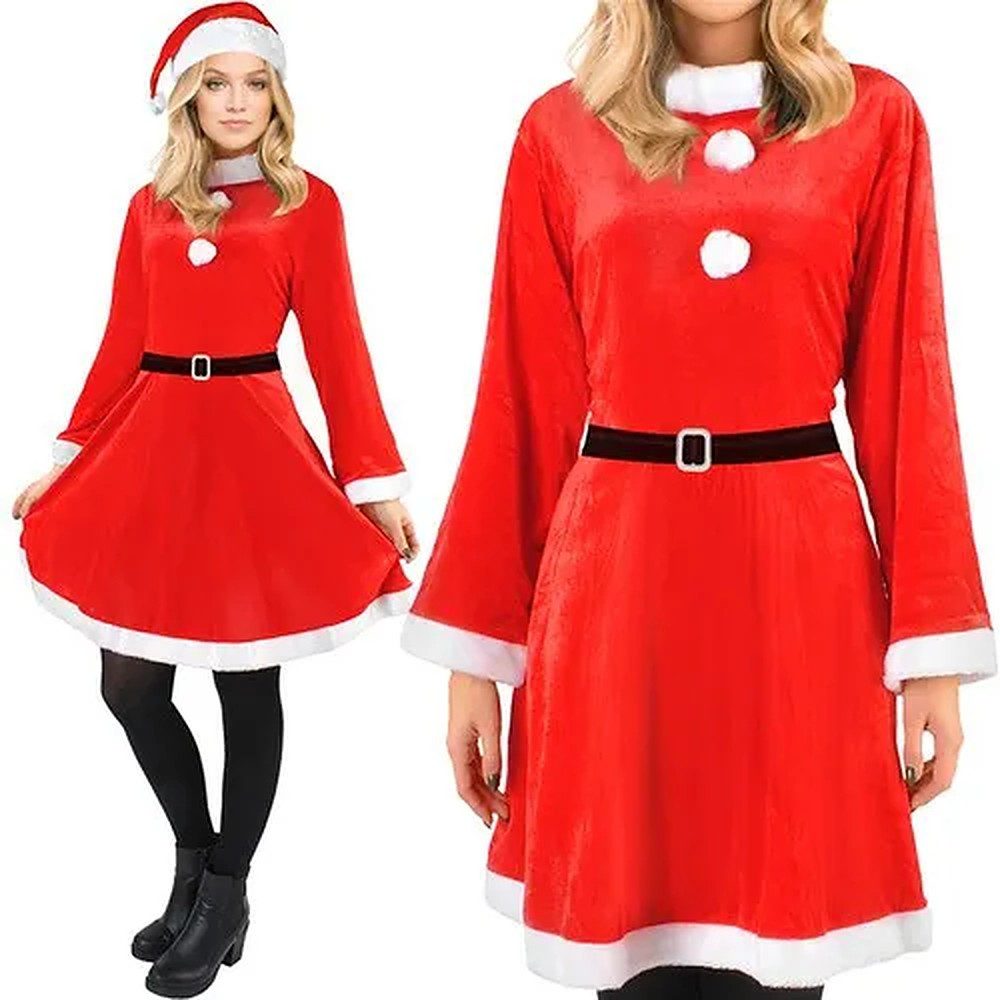 MALATEC Kostüm Weihnachtskleid Nikolausverkleidung Faschingsoutfit, 3-teilig, Samtoptik, Fellbesatz, Gürtel, Mütze