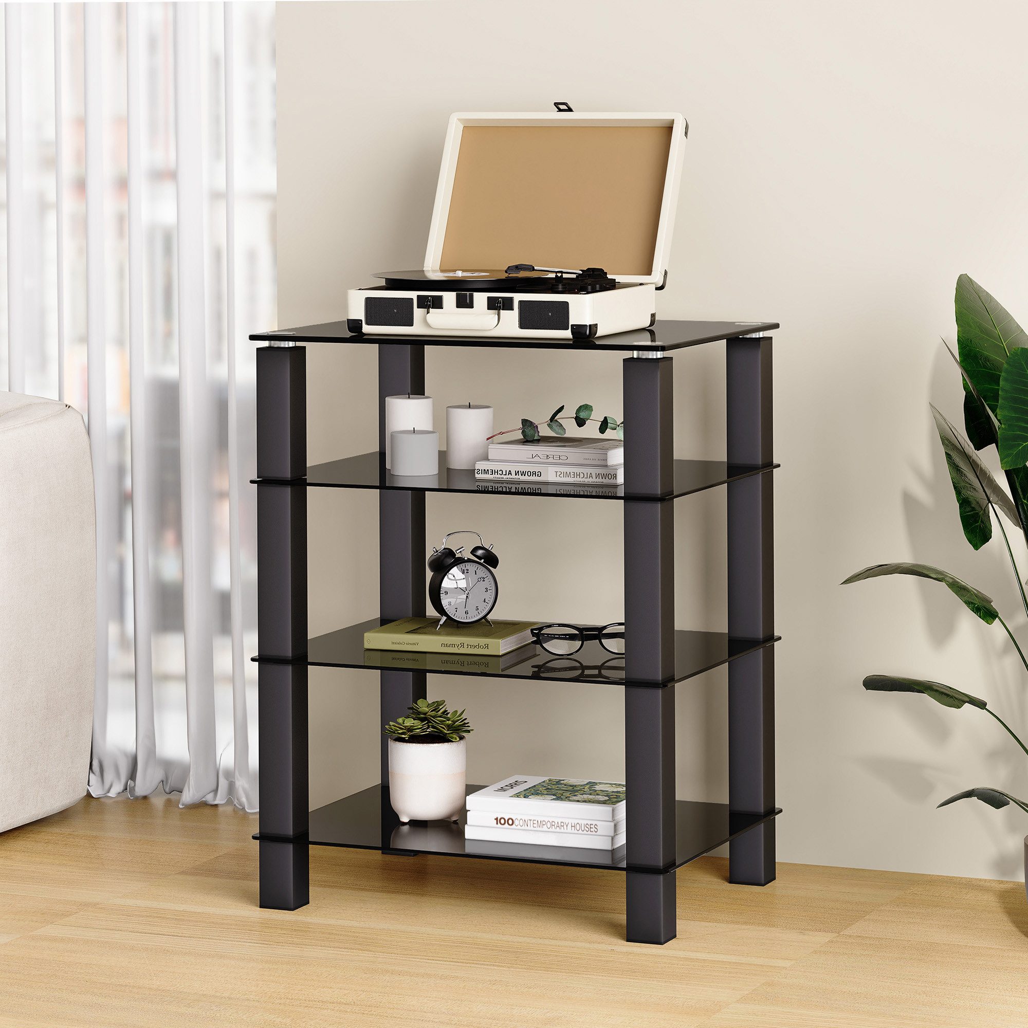 FITUEYES TV-Ständer 4-stöckiges Glasregal für HiFi‑Geräte, Lautsprecher & TV, (Medienregal aus Aluminium und gehärtetem Glas)