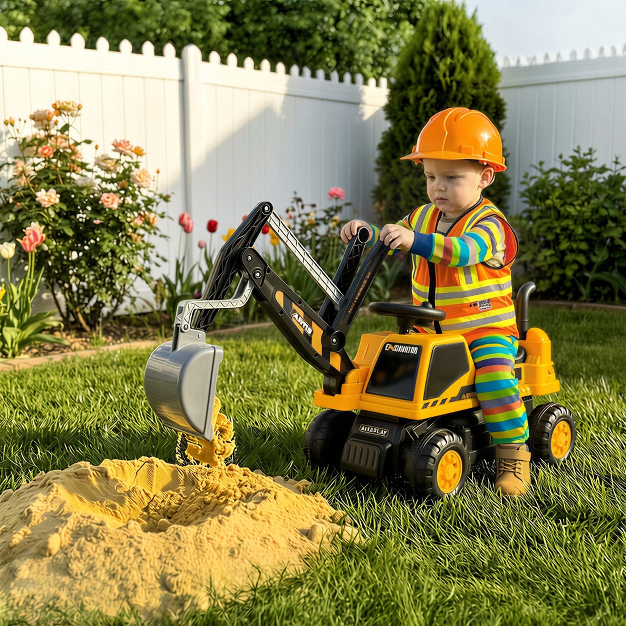 AIYAPLAY Spielzeug-Bagger Sitzbagger Lenkrad mit drehbar Aufbau verstellbar Rückenlehne, (Kinderbagger, 1-tlg., Kinder Aufsitzbagger mit Schaufel), mit Licht und Sound