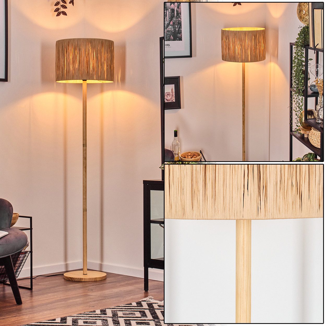 Stehlampe Stehlampe mit Holzfuß und Schirm aus Bast