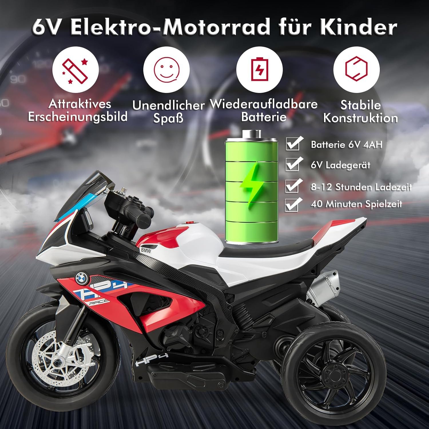 KOMFOTTEU Elektro-Kindermotorrad mit Musik & Scheinwerfer, für 3-8 Jahren, 3 km/h, bis 30 kg