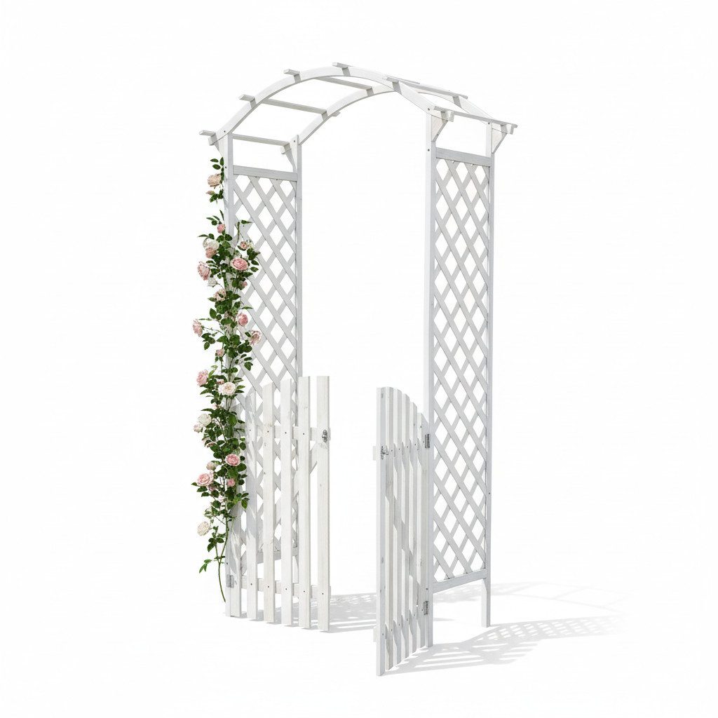 Melko Rosenbogen Pflanzenbogen mit Tür und Rankgitter Rankhilfe für Gartenpflanzen Garten-Rankhilfe, 1 St., Rankbogen mit integrierter Tür, Bodenwinkeln zur Befestigung, Rankbogen aus Holz mit Tür und Bodenwinkeln zur Befestigung