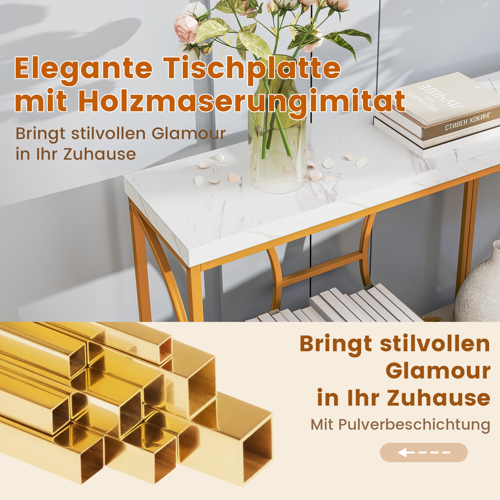 COSTWAY Konsolentisch, schmal Marmor, mit geometrischem Metallrahmen, gold