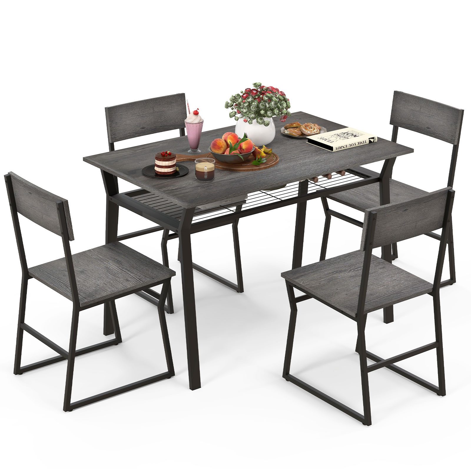 COSTWAY Essgruppe, (5tlg), Küchentisch mit 4 Stühlen & Regal