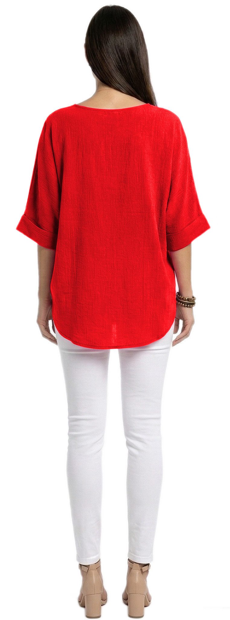 dy_mode Kurzarmbluse Damen Bluse Oversize Tunika Leichte Viskosebluse Oberteil Einfarbig in Unifarbe, High-Low Saum, mit passende Kette