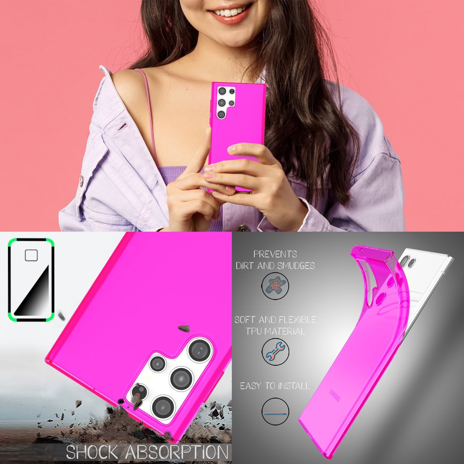 Nalia Smartphone-Hülle Samsung Galaxy S22 Ultra 17,3 cm (6,8 Zoll), Klare Neon Silikon Hülle / Bunt Leuchtend / Durchsichtig / Flexibel