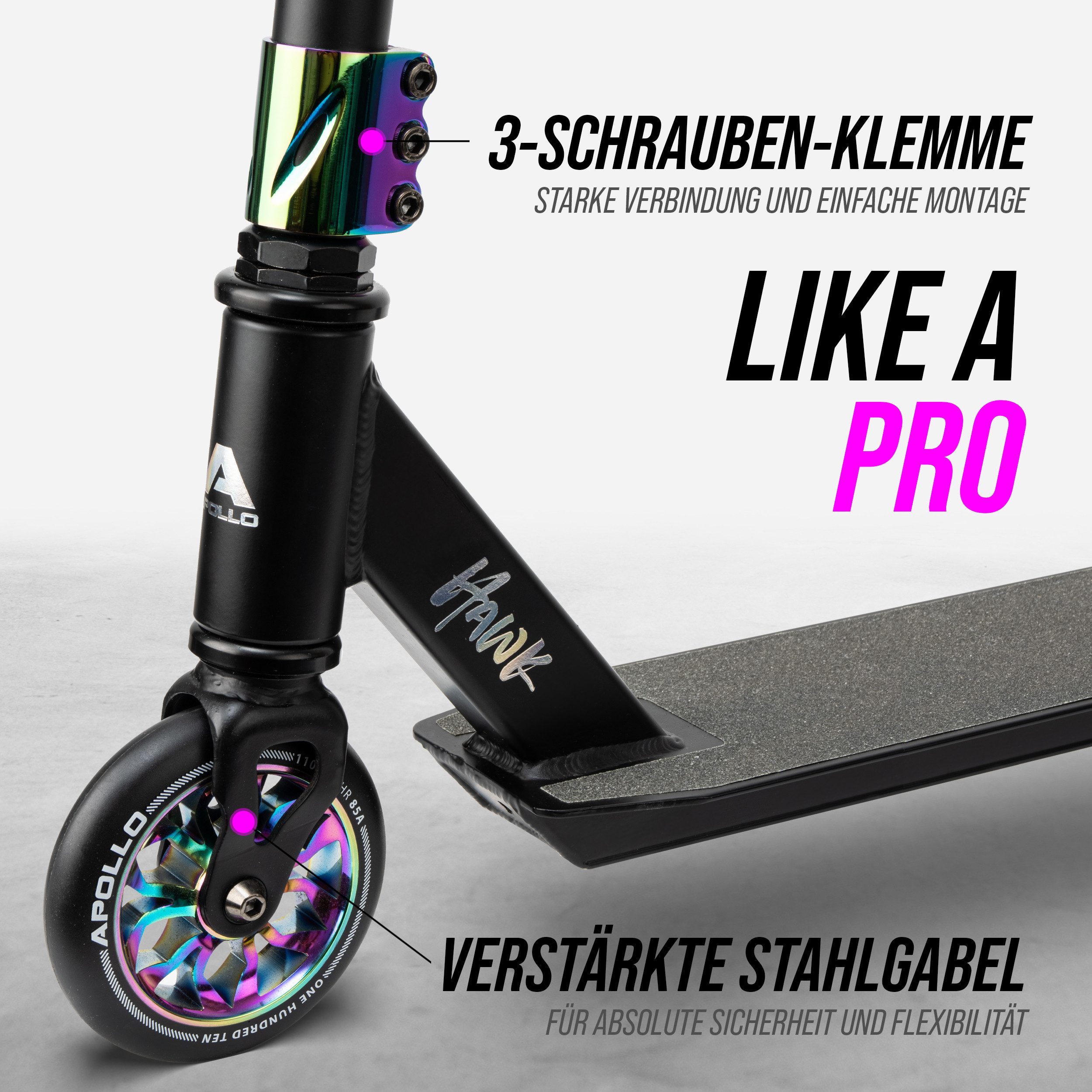 Apollo Stuntscooter Hawk - Scooter für Erwachsene, Jugendliche und Kinder ab 6 Jahren, extra breite Trittfläche & stabiler Lenker