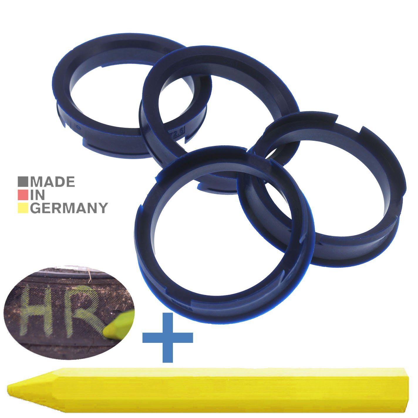 RKC Reifenstift 4X Zentrierringe Dunkelblau Felgen Ringe + 1x Reifen Kreide Fett Stift, Maße: 72,6 x 60,1 mm