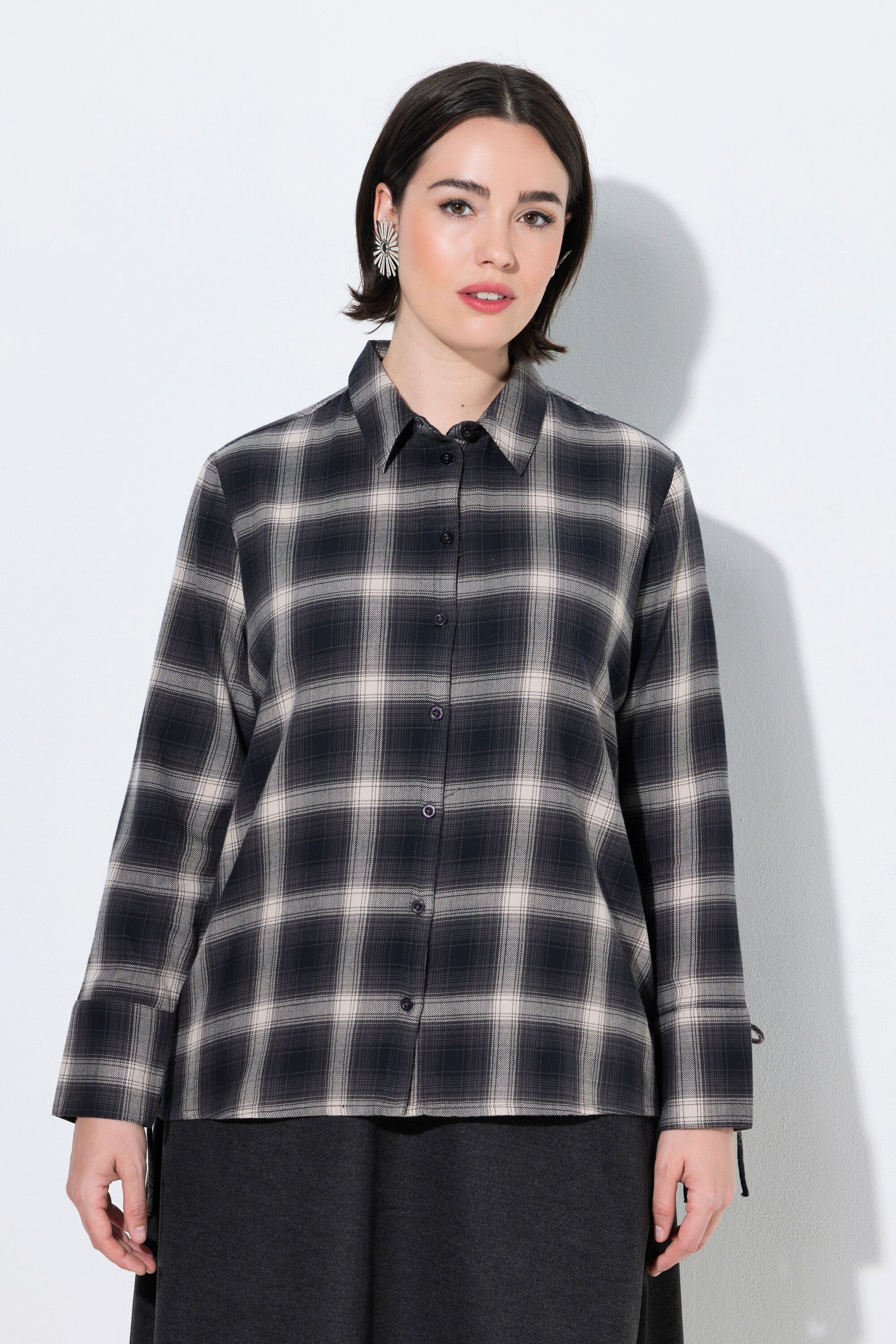 Ulla Popken Hemdbluse Flanellbluse Karomuster Hemdkragen Langarm