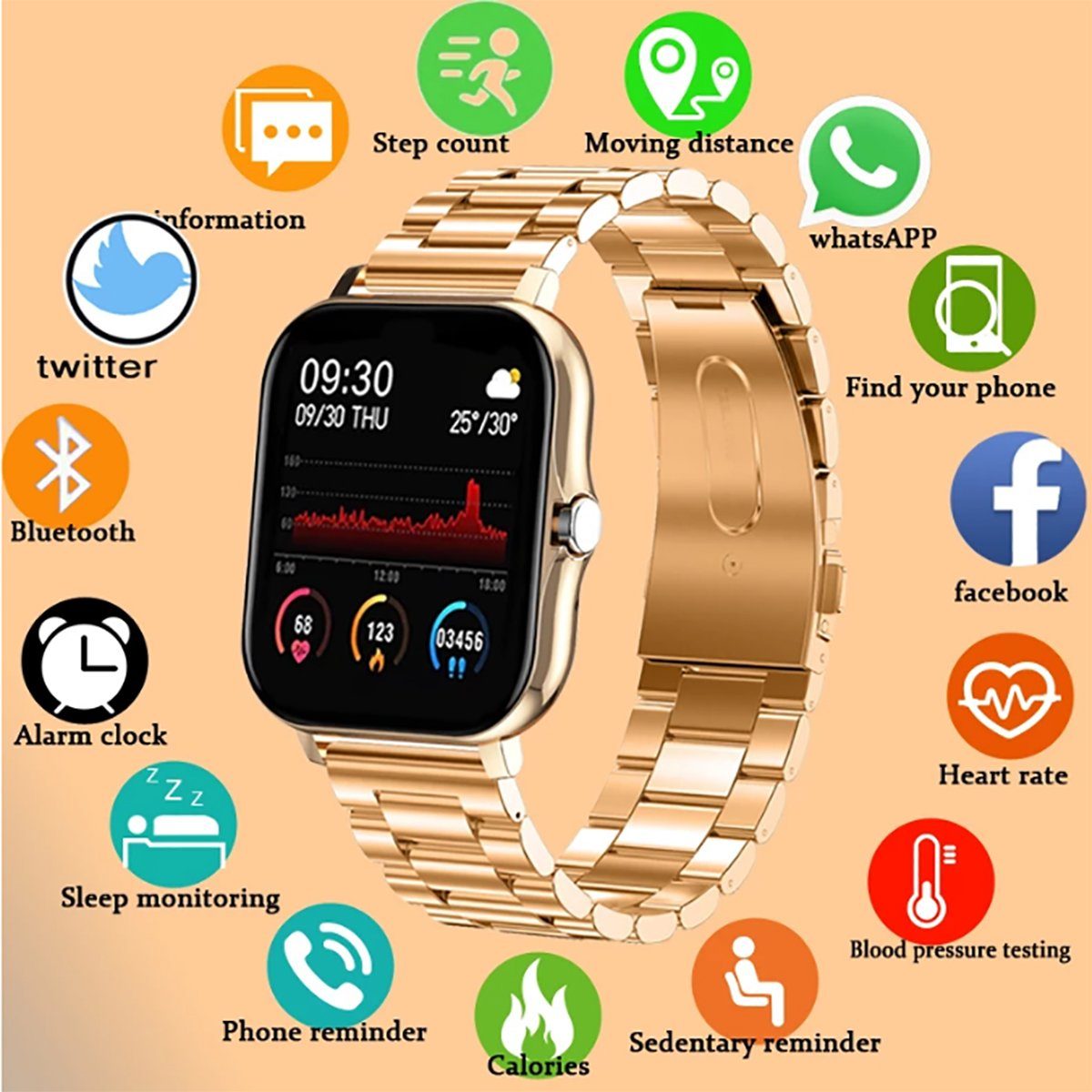 TPFNet SW02 mit Edelstahl Armband - individuelles Display Smartwatch (Android), Armbanduhr mit Musiksteuerung, Herzfrequenz, Schrittzähler, Kalorien, Social Media etc., Schwarz
