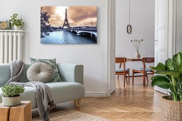 Sinus Art Leinwandbild 120x80cm Wandbild auf Leinwand Paris Eiffelturm Fluss Steinbrücke Fran, (1 St)