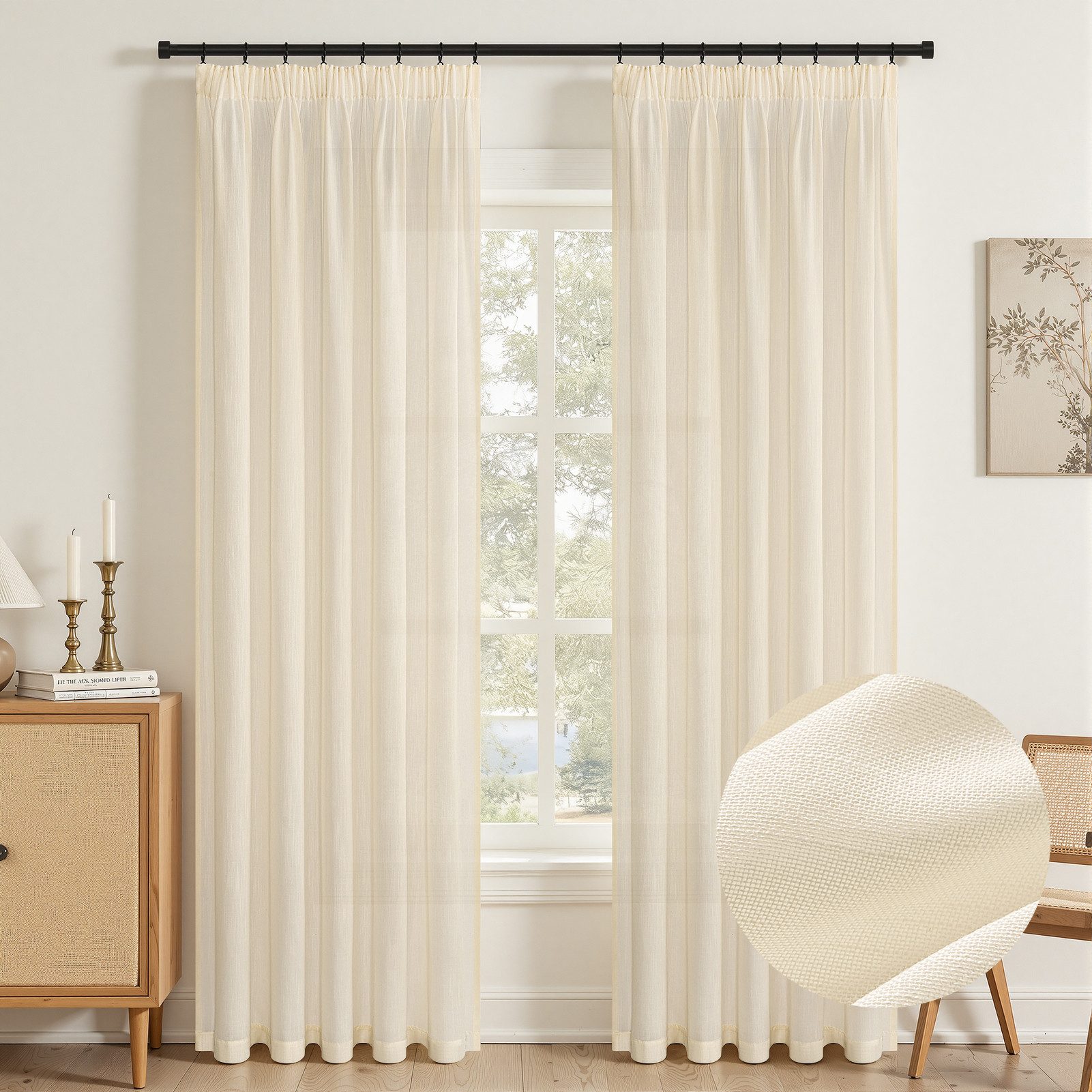 Topfinel Gardine Leinenoptik vorhänge mit kräuselband halbtransparent wohnzimmer (2 St), Kräuselband, halbtransparent, modern boho Birkenfarbe 140x240cm kinderzimmer Schlafzimmer Esszimmer