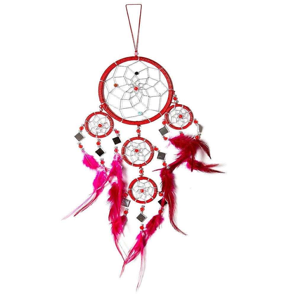 Traumfänger rot-schimmernd mit Spiegeln und 5 Ringen, mit bunten Perlen und Silberfäden (wie Tautropfen)