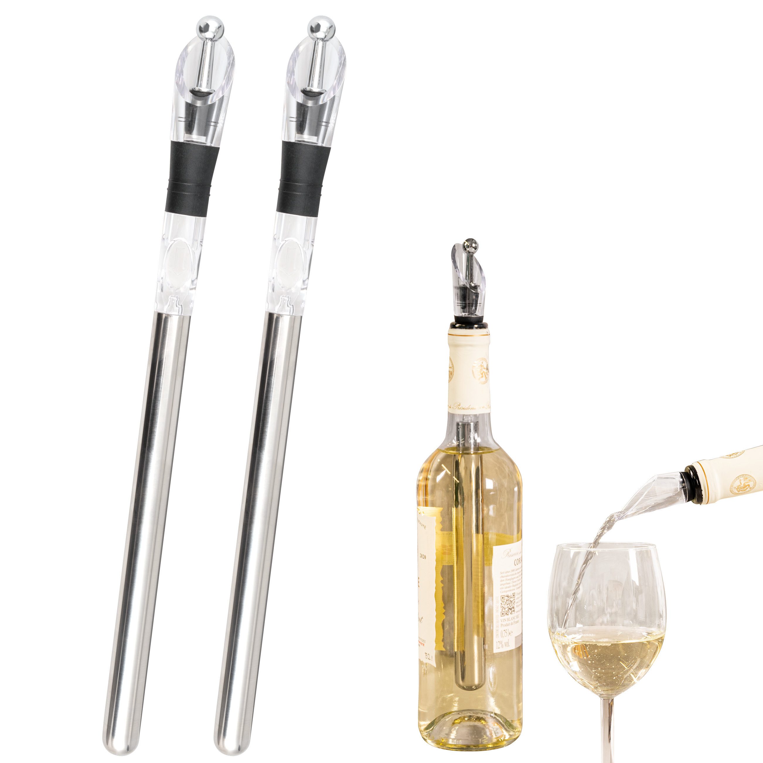 Weinkühler Wein-Ausgießer 2er-Set mit Edelstahl-Kühlstab und Weinverschluss
