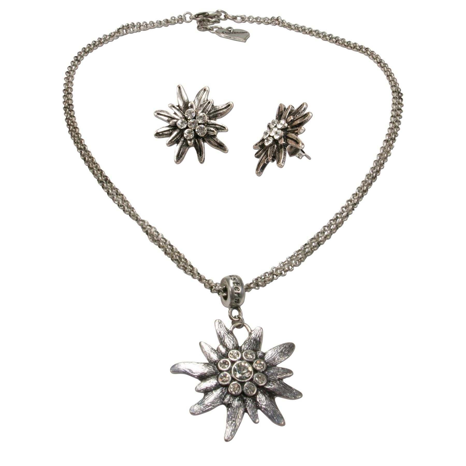 Ketten-Set Trachtenschmuck-Set Trachtenkette und Ohrstecker Strass-Edelweiß (antik-silber-farben)