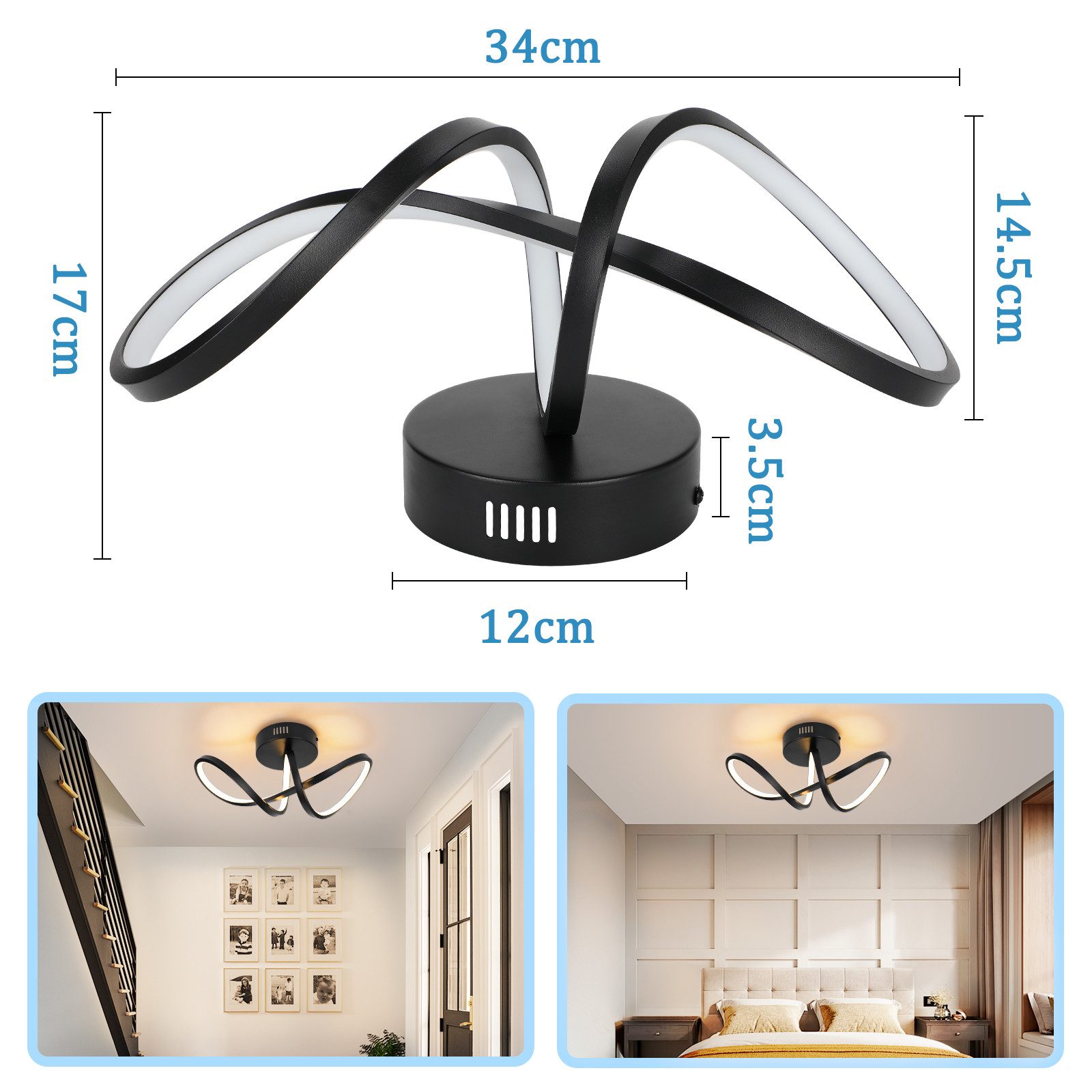 Nettlife LED Deckenleuchte Wohnzimmer Modern Schwarz 12W Innen 3000K Deckenlampe Schlafzimmer, LED fest integriert, Warmweiß, Warmweiß LED Deckenbeleuchtung für Flur Küche