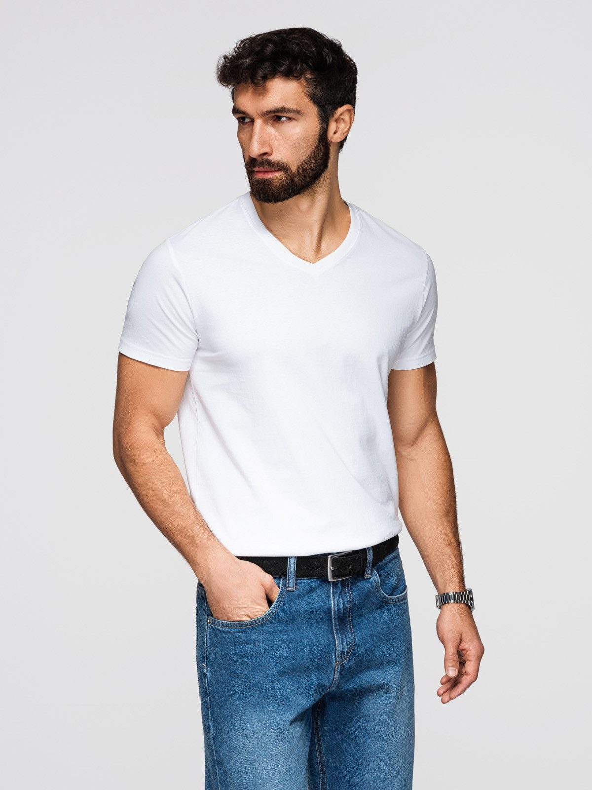 OMBRE T-Shirt Herren T-Shirt V-Ausschnitt Basic 3er-Pack Navy, white, warm grey L (T-Shirt, 1-tlg., Set) 3er-Pack