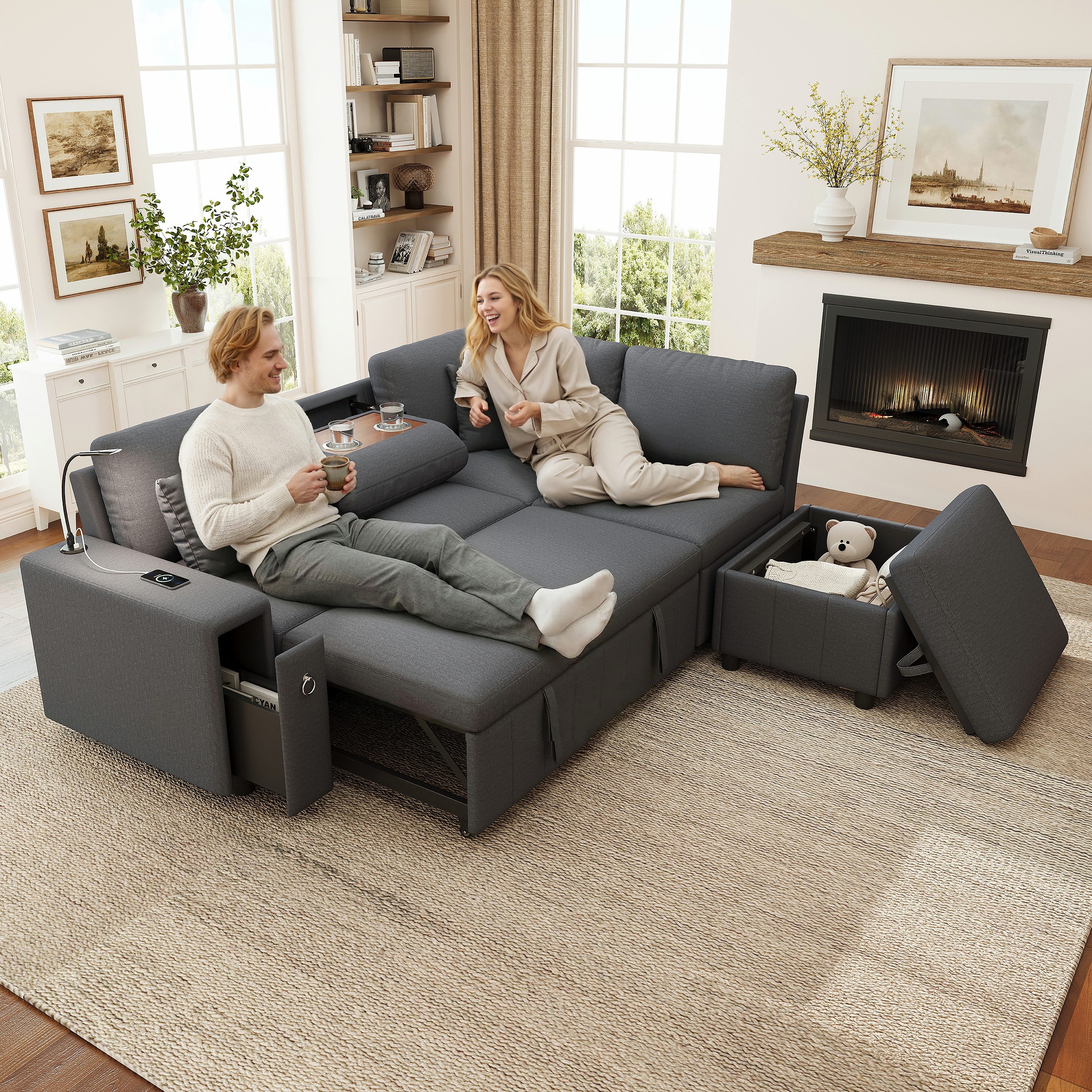 Odikalo Ecksofa Schlafsofa Schlafcouch mit Schlaffunktion, L-Form, mit Stauraum‑Hocker, klappbarem Couchtisch, USB‑ und Type‑C‑Anschluss, Leselicht und 2 Kissen