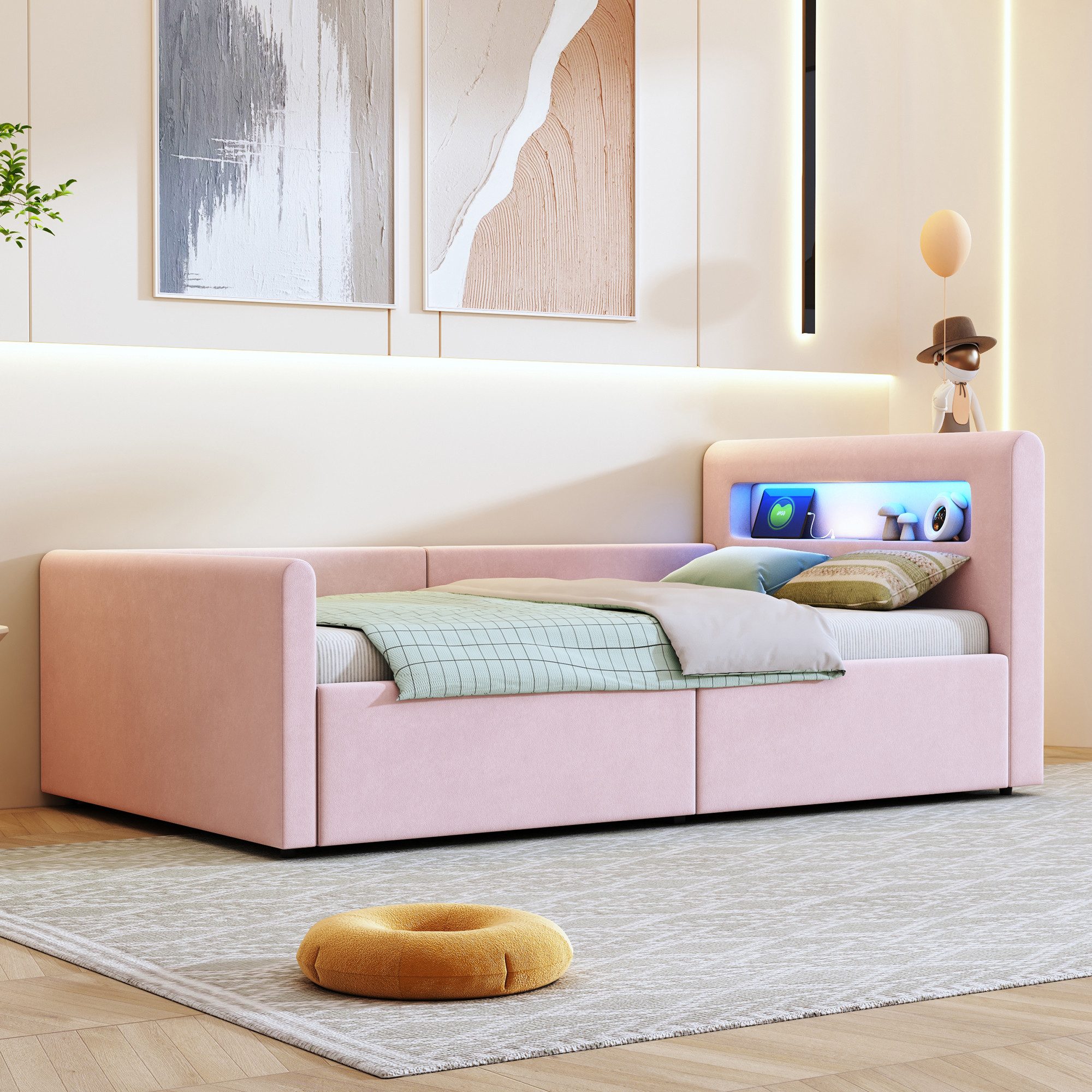 STILVORA Polsterbett 90×200 mit Stauraum,Kinderbett mit LED,Naturlicht,Rega günstig online kaufen