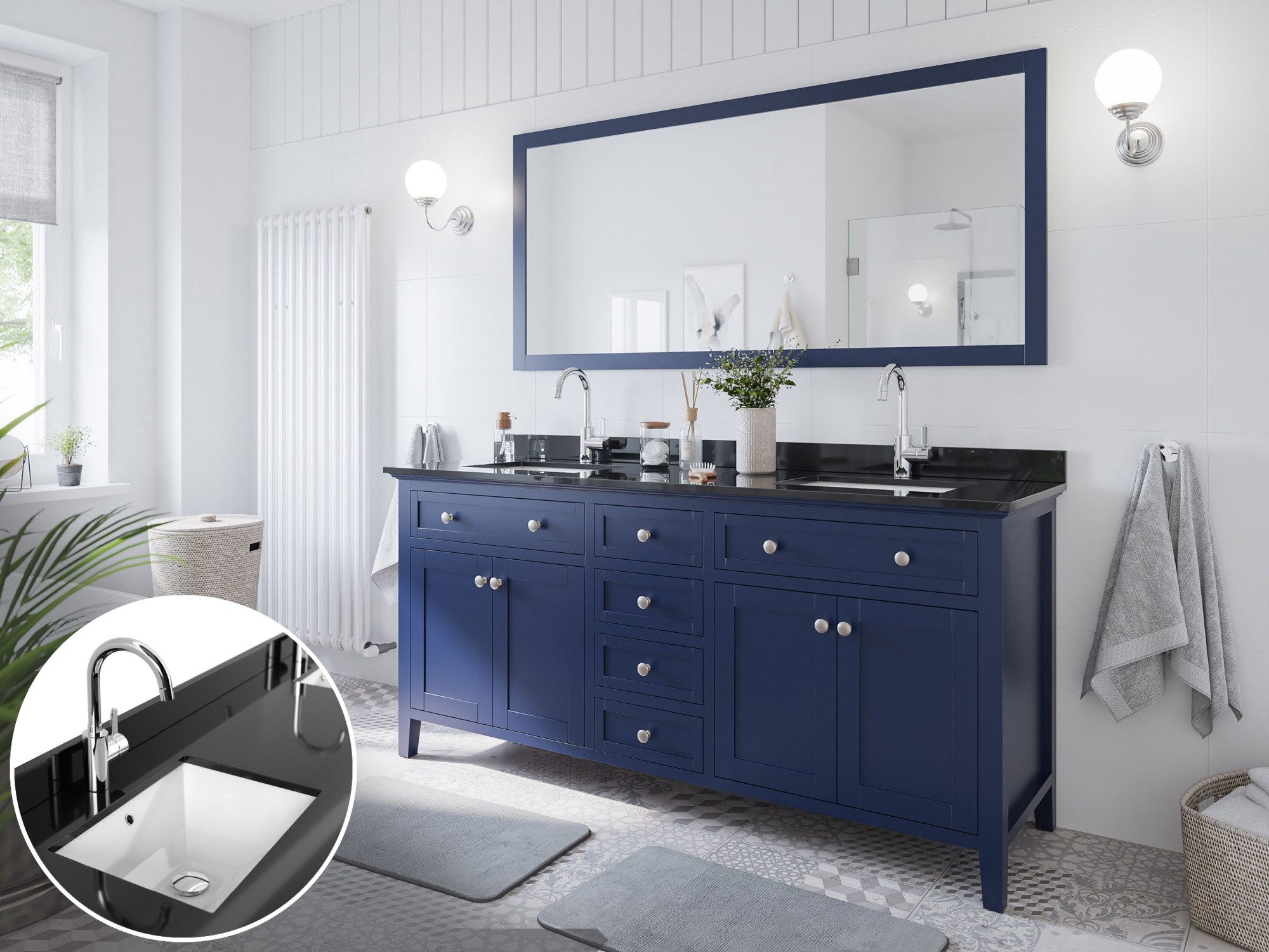 Magnolia Home Badmöbel-Set Landhaus Badmöbel-Set 2tlg Postigo 180 Quarz schwarz montiert blau lac