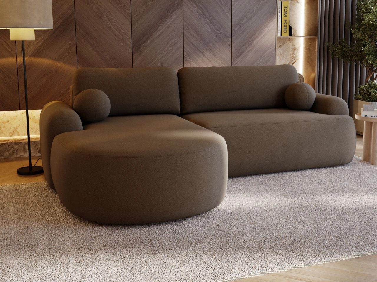 GrainGold Ecksofa L-Form AURIO mit Schlaffunktion und Bettkasten - Braun, Links, Wellenfedern, T30-Schaum
