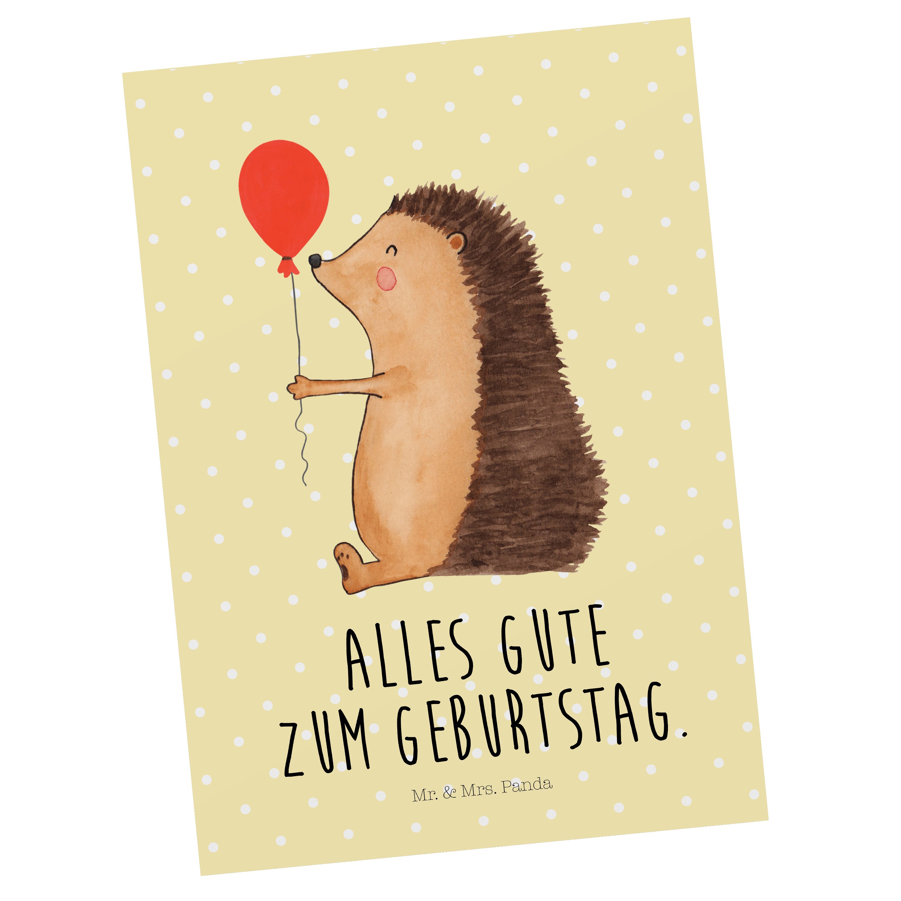 Mr. & Mrs. Panda Postkarte Igel mit Luftballon - Gelb Pastell - Geschenk, Gute Laune, Herzlichen